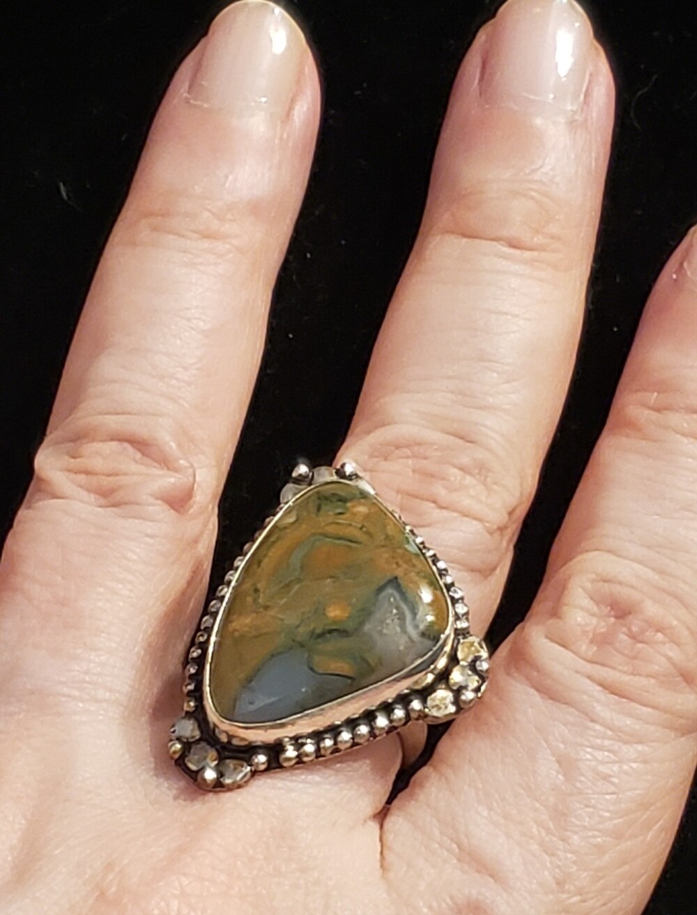 NEW Rainforest Jasper Natural Gemstone, 925 Stamped Ring, Sz 7.5 Abstract Art!